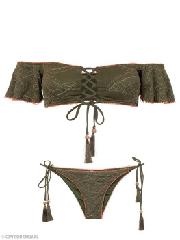 Kakigroene flounce bikini met borduursels van Cosita Linda