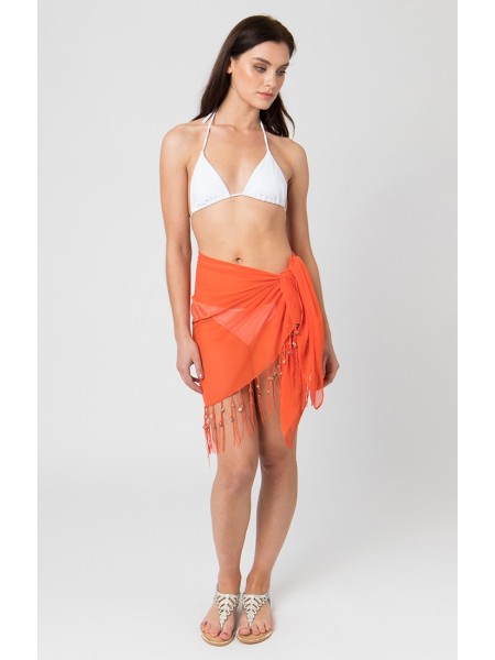 Oranje transparante omslagdoek met franjes en schelpjes van Pia Rossini Resortwear
