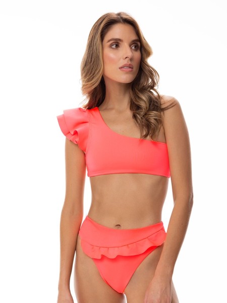 One Shoulder Ruffle Bikini Neon Pink van Milonga