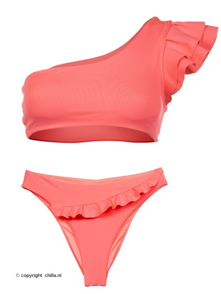 One Shoulder Ruffle Bikini Neon Pink van Milonga