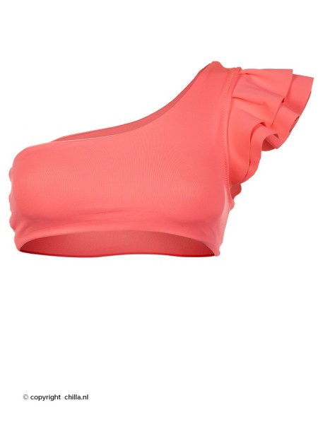 One Shoulder Ruffle Bikini Neon Pink van Milonga