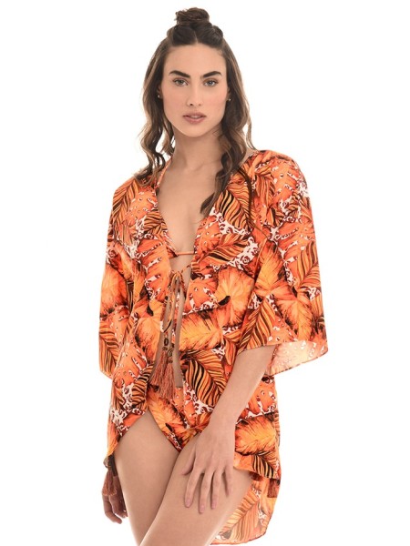 Prachtige cover-up in blader-en luipaardprint met franjekwastjes van Mystical Swimwear
