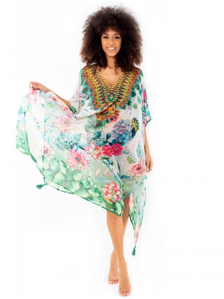 Poncho Fuego Floral Green-Pink