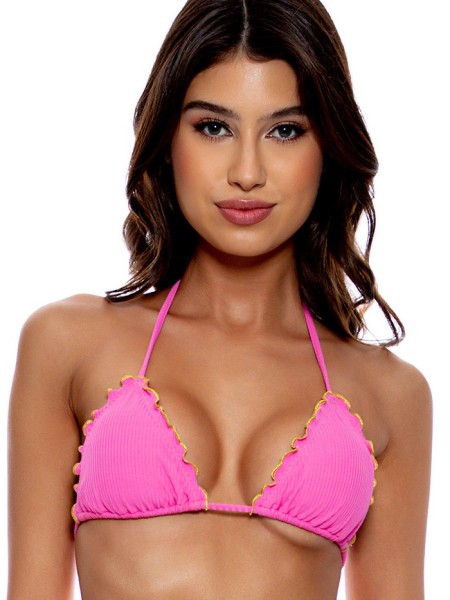 Chic pink ribbed bikini top with gold stitched wavy edges by Luli Fama Miami