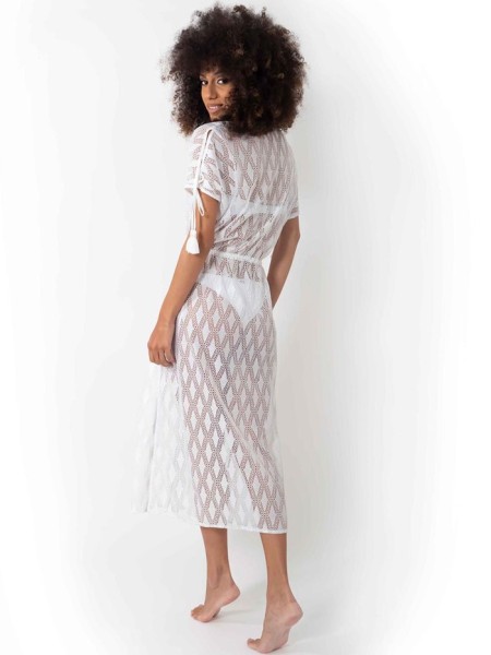 Fraaie witte crochet kaftan versierd met kwastjes van Iconique Italy