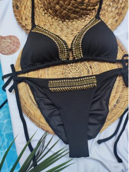 Bikini Black Texture Gold Embroidery