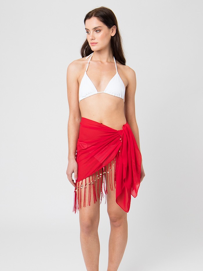 Transparante omslagdoek in rood met franjes en schelpjes van Pia Rossini Resortwear Transparante omslagdoek in rood met franjes en schelpjes van Pia Rossini Resortwear