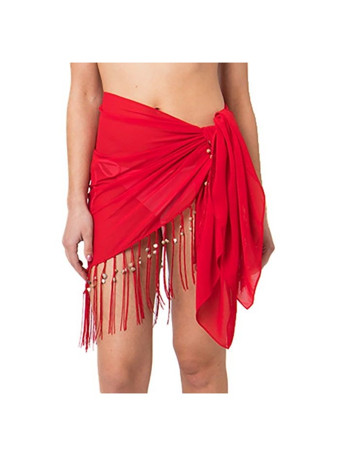 Transparante omslagdoek in rood met franjes en schelpjes van Pia Rossini Resortwear Transparante omslagdoek in rood met franjes en schelpjes van Pia Rossini Resortwear