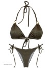 Bikini in kakigroen stof met textuur versierd met gouden hardware van Mystical Swimwear