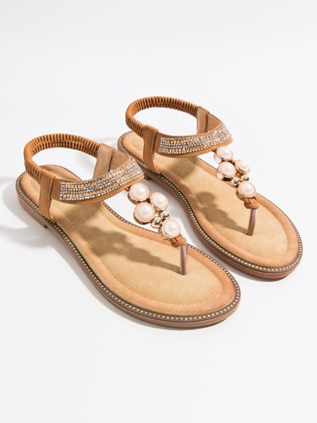 Bruin leren sandalen met diamantjes en parels van Pia Rossini Resortwear