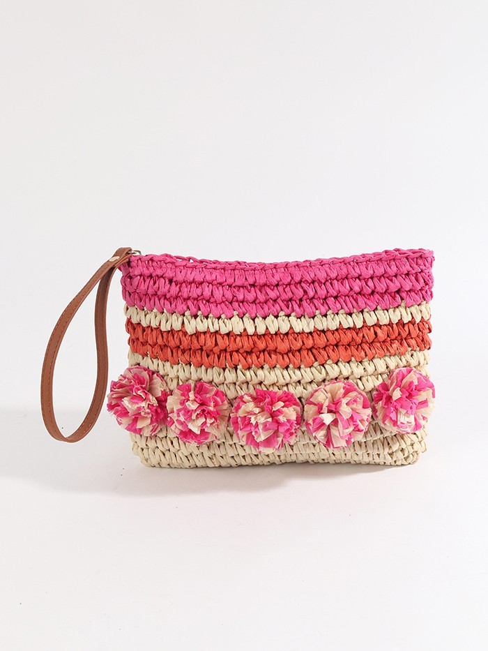 Clutch tasje versierd met raffia pompons van Pia Rossini Resortwear Clutch tasje versierd met raffia pompons van Pia Rossini Resortwear