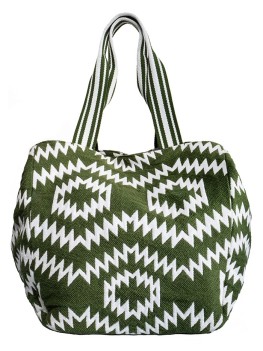 Lightweight and extra roomy beach bag with optical motif in green and white by Iconique Italy