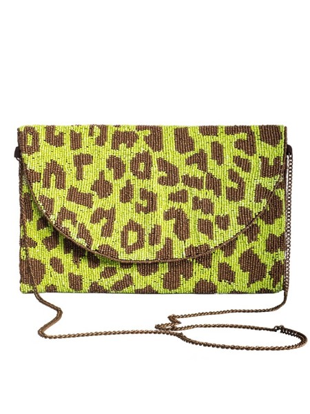 Clutch handbag embellished with beads in leopard pattern by Iconique Italy