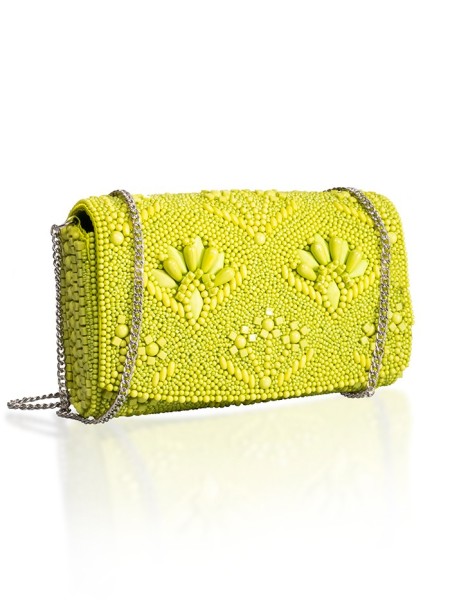 Deluxe lime green clutch bag embellished with beads throughout by Iconique Italy