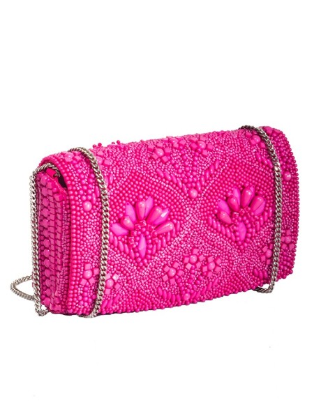 Deluxe fuchsia clutch bag embellished with beads troughout by Iconique Italy