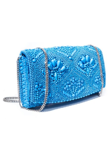 Deluxe blue clutch bag embellished with beads throughout by Iconique Italy