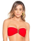 Red top with V-shaped gold-coated jewelry by Phax