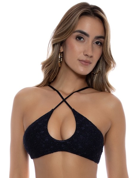 Multifunctioneel zwart haltertopje met luxe glinsterende diamantpatroon textuur  van Luli Fama Miami