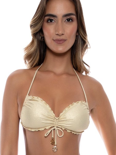 Gold glistening bandeau top with drawstrings by Luli Fama Miami