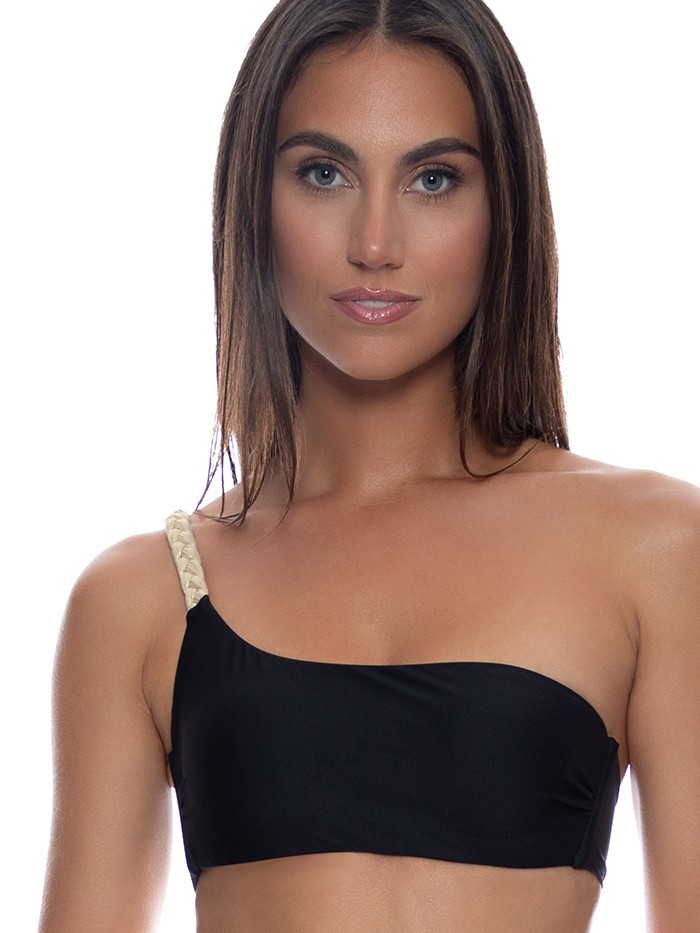 Zwarte asymmetrische lace-up top met goud gevlochten bandjes van Luli Fama Miami Zwarte asymmetrische lace-up top met goud gevlochten bandjes van Luli Fama Miami
