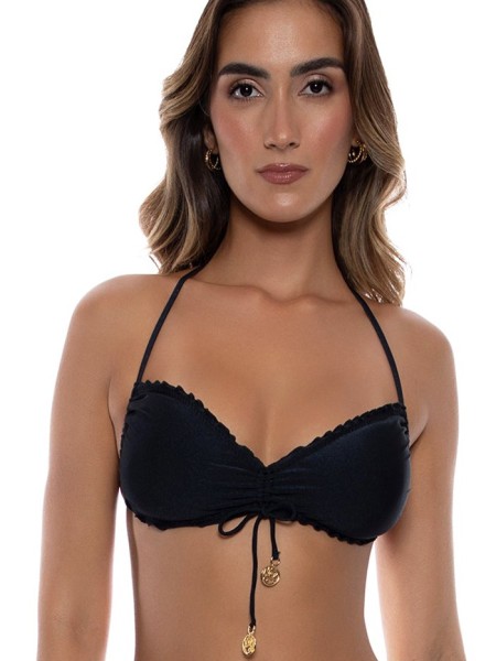 Black drawstring bandeau top with wavy edges by Luli Fama Miami