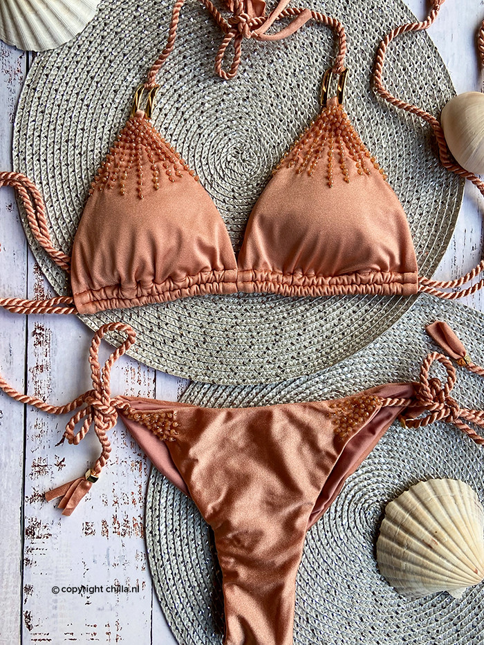 Triangle Bikini Beaded Salmon by Perla Santa Swimwear Triangle Bikini Beaded Salmon by Perla Santa Swimwear