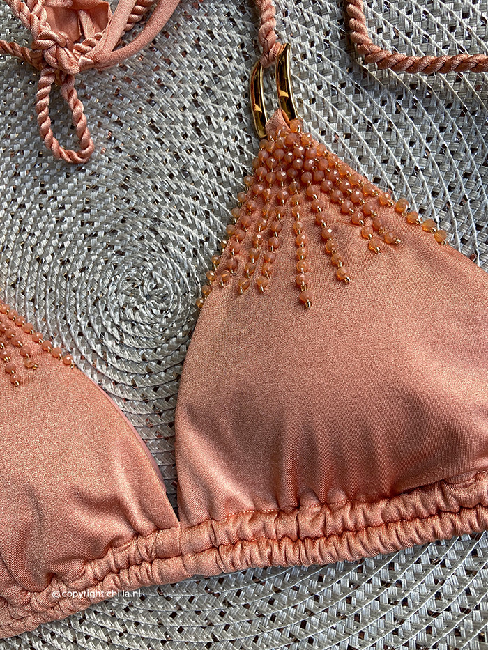Triangle Bikini Beaded Salmon by Perla Santa Swimwear Triangle Bikini Beaded Salmon by Perla Santa Swimwear