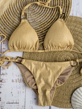 Bikini in shiny gold ribbed textured fabric decorated with gold hardware  - Special Edition