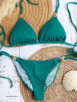 Emerald green bikini in deluxe diamond shape textured fabric decorated with gold hardware