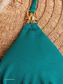 Emerald green bikini in deluxe diamond shape textured fabric decorated with gold hardware 2
