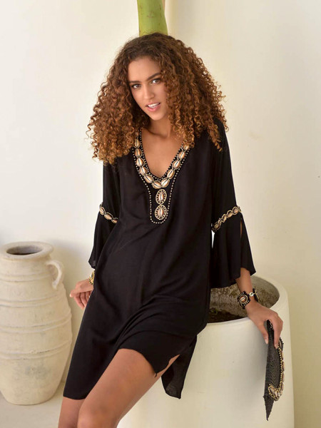 Luxurious black tunic embellished with beads and shells by Hot Lava