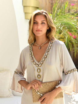 Luxurious sand beige tunic embellished with beads and shells by Hot Lava 2