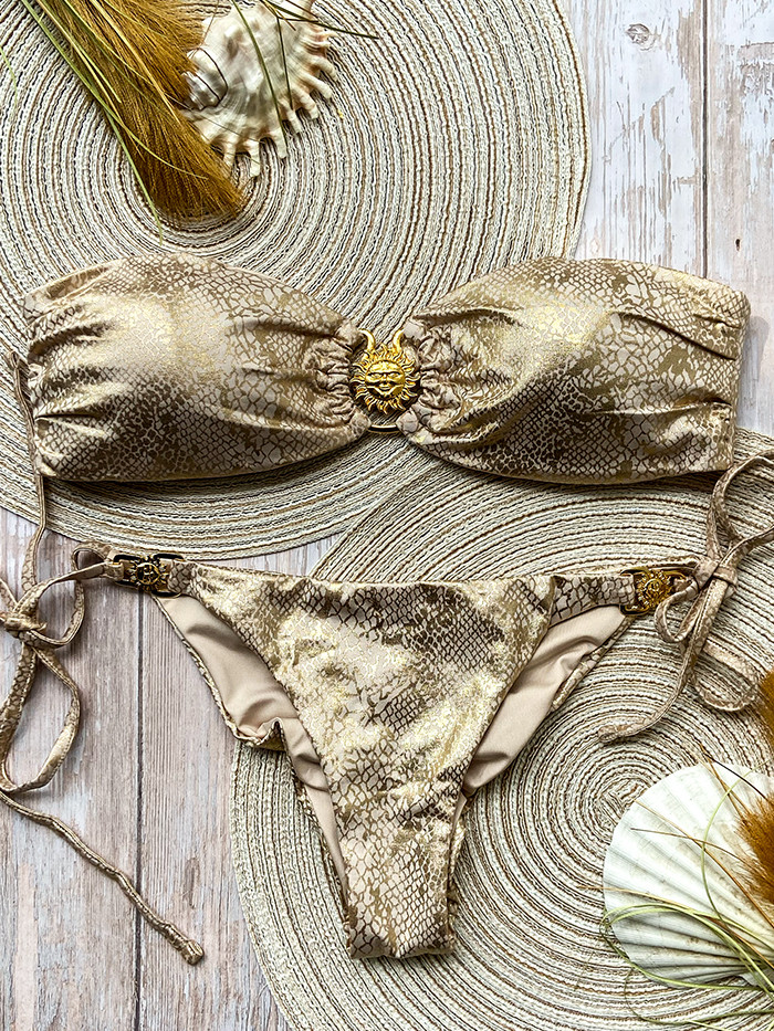 Magnificent bandeau bikini in gold snake print embellished with gold-coated suns Special Edition