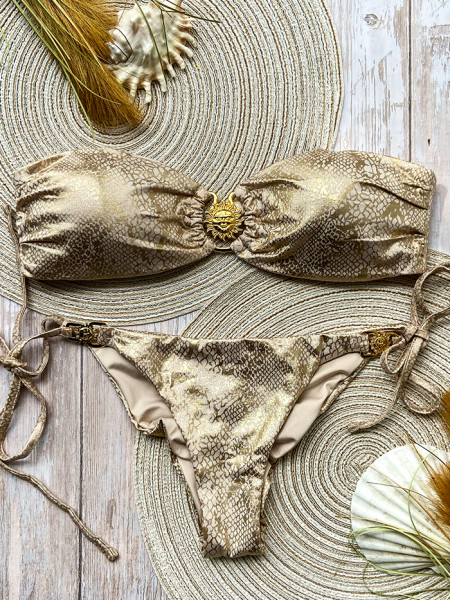Gouden slangenprint bandeaubikini versierd met vergulde zonnetjes Special Edition