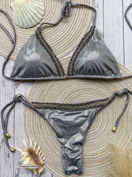 Anthracite bikini with shiny dots embellished with beads: Special Edition