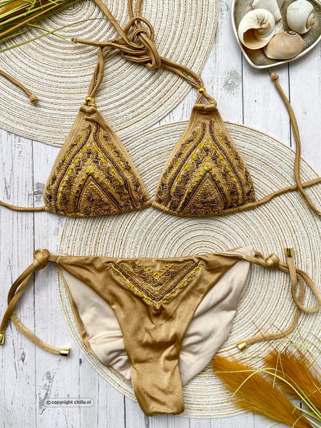 Luxe gouden bikini met de hand versierd met borduursels en kralen: Special Edition!