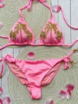Lovely bright pink bikini embellished with palmtrees hand embroidered with gold beads: Special Editon!