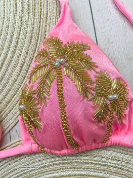 Lovely bright pink bikini embellished with palmtrees hand embroidered with gold beads: Special Editon! 2
