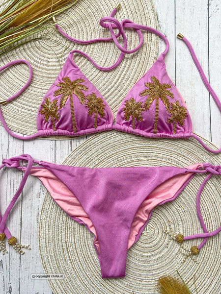 Paarse bikini met palmbomen handgeborduurd met gouden kralen: Special Edition
