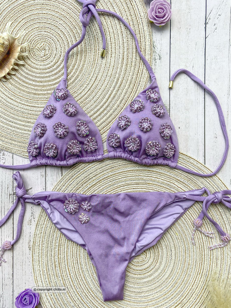 Lovely lilac bikini with flowers hand embroidered from beads and sequins: Special Edition!