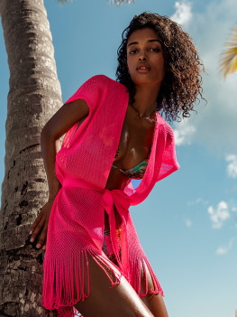 Neon pink poncho/caftan with fringes by Luli Fama 2