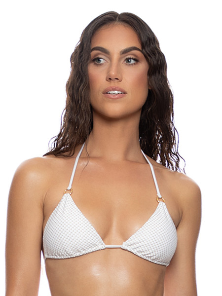 White triangle top interwoven with gold lurex threading by Luli Fama