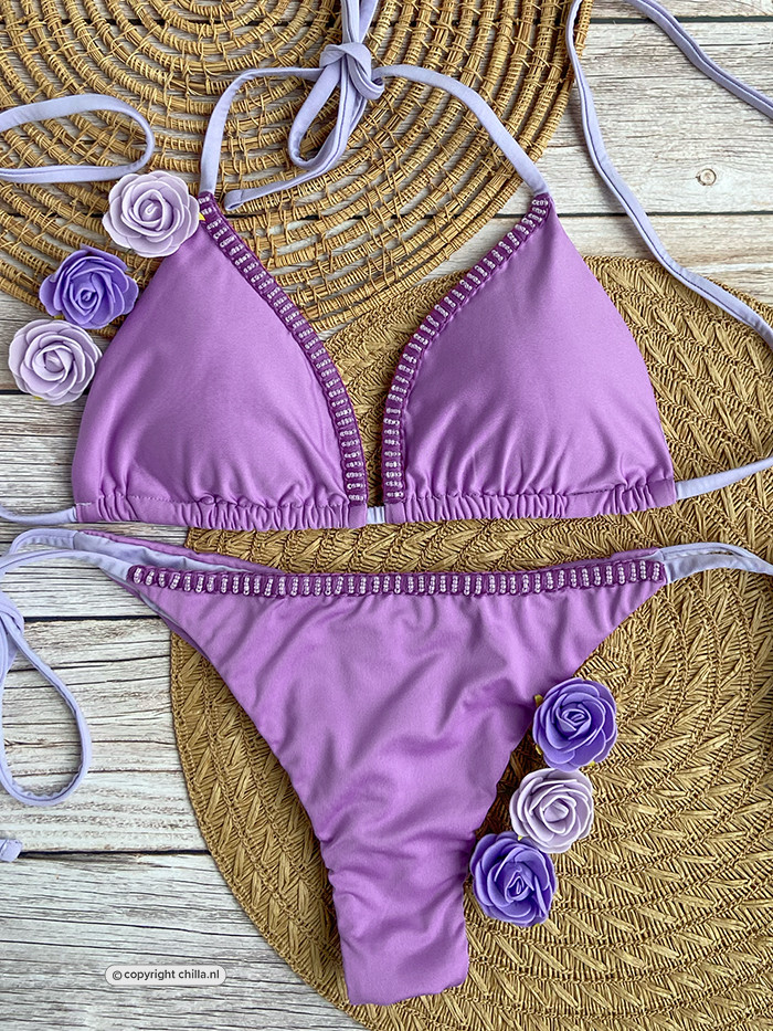 Lovely bikini in light purple with light pink beads and purple decorative stitching by Mystical