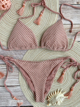Bikini in old pink embellished with a mesh overlay and tassels by Mystical