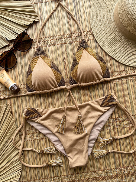 Bikini Triangle Gold Beaded by Specials