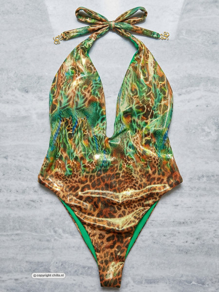 Jungle Fever V-neck Swimsuit Emerald/Leopard by Gold Couture